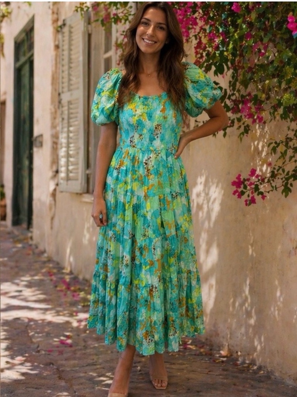New Aleeza Paris size S Floral Puff-Sleeve Midi Dress in Aqua